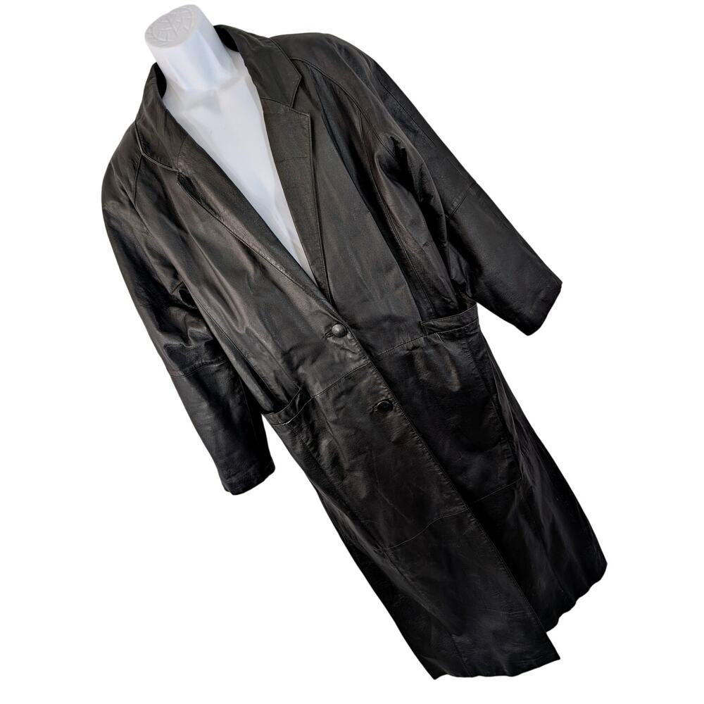 PASSPORTS! LUXE BLACK GENUINE LEATHER FULL LENGTH, MAXI COAT, JACKET! SIZE L